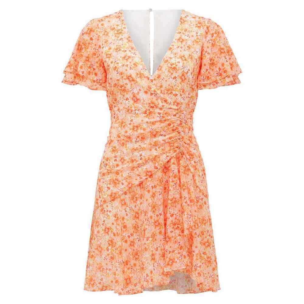 Ever New Joanna Ruched Mini Dress In Floral Apricot Harvest Orange Size 6 - Picture 3 of 5